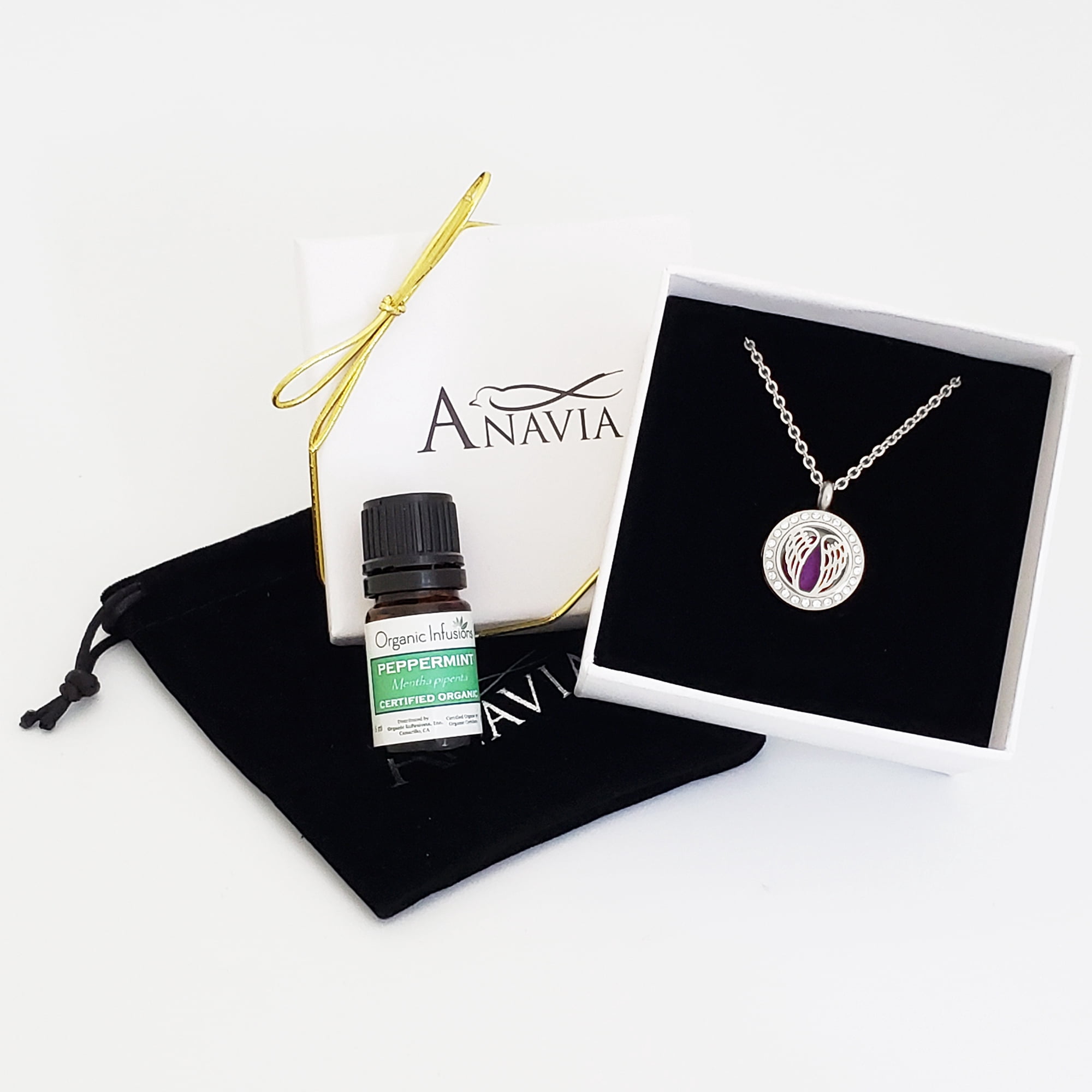 Anavia Women's Silver Angel Wings Anniversary Gift for Her Girlfriend Wife Diffuser Rhinestone Necklace & Organic Essential Oil Aromatherapy Jewelry Birthday Gift Set