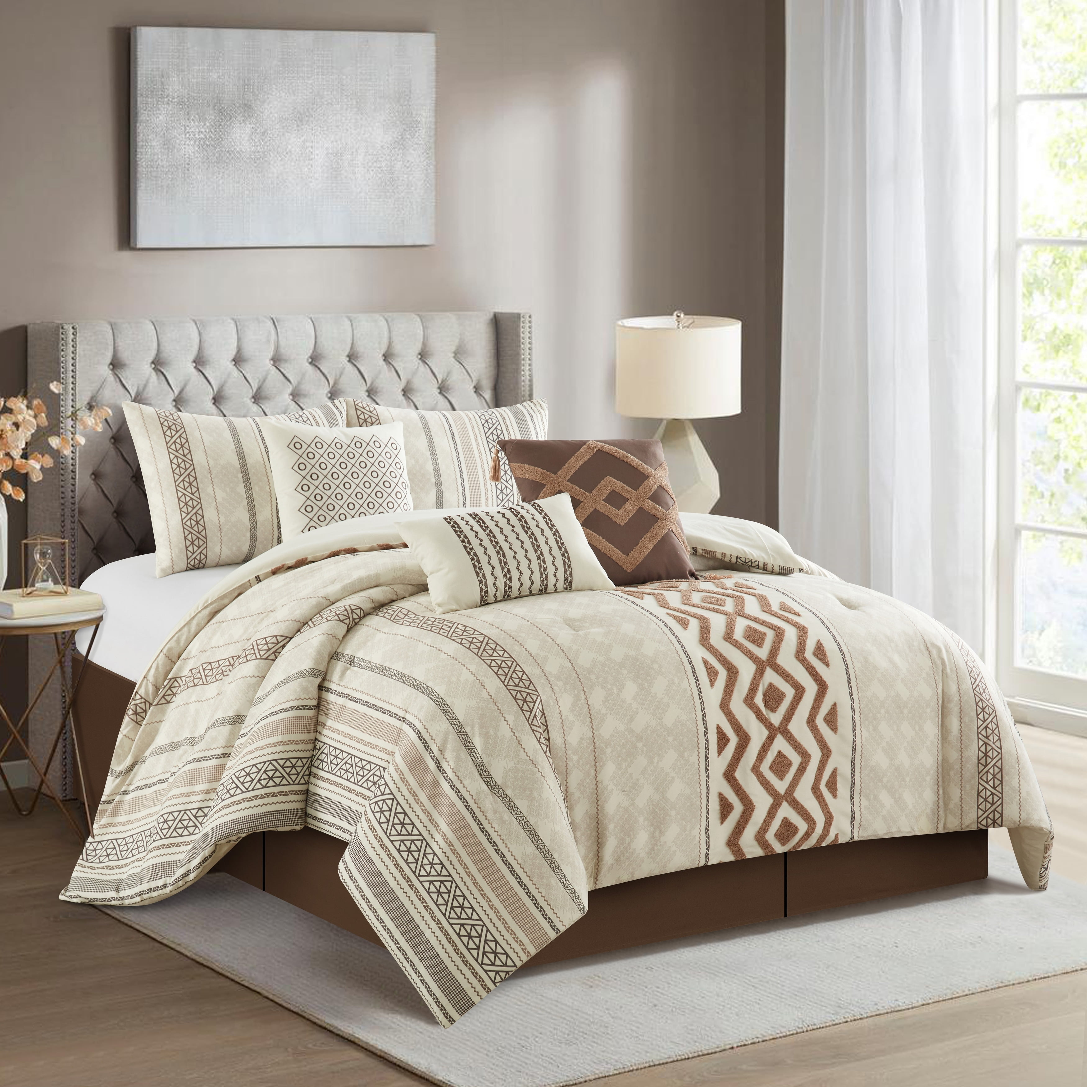 Ivory and Clay Geometric Queen Comforter Set with Embroidery