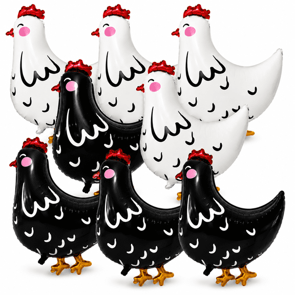 Anaya Treasures Jumbo Chicken Balloon Set, 8 Piece Farm Birthday Decorations, 4 White & 4 Black Foil Balloons, Air or Helium Fill, 28.5 Inch Farm Animal Party Decor