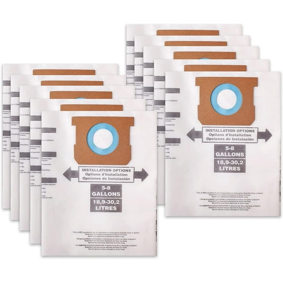 10 Pack 90661 Type E / 90671 Type H - 5-8 Gallon High Efficiency Disposable Filter Bags Compatible with Shop Vac 5-8 Gallon Wet/Dry Vacuum, Part # 9066100 9066133 9067100 9067133