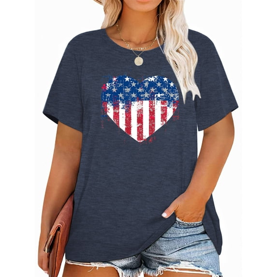 Anbech 4th of july Plus Size T-Shirts for Women Graphic Heart Print Short Sleeves Tees Plus T-Shirt with Round Neck
