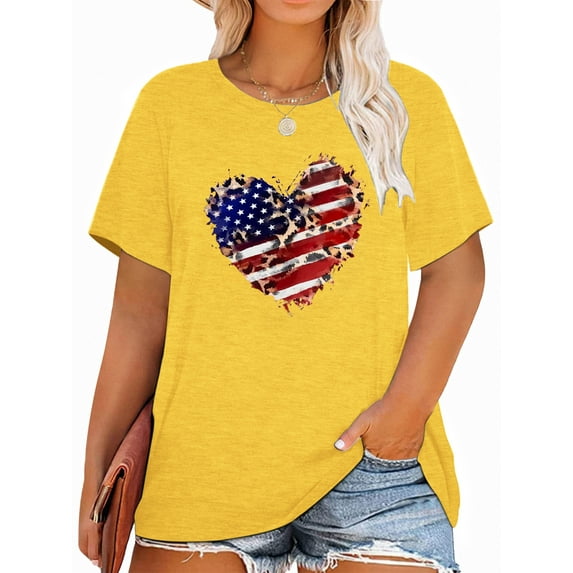 Anbech 4th of july Plus Size T-Shirts for Women Graphic Heart Print Short Sleeves Tees Plus T-Shirt with Round Neck