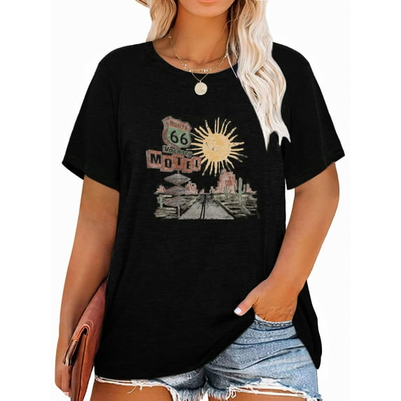 Anbech 80s Plus Size T-Shirts for Women Graphic Western Route 66 with Sun Print Vintage Short Sleeves T-Shirt with Round Neck