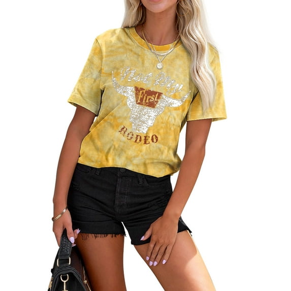 Anbech 80s RODEO Tie-dye T-Shirt for Women Vintage Not My First RODEO Graphic Western Cowboy Short Sleeve Tee Tops with Crew Neck