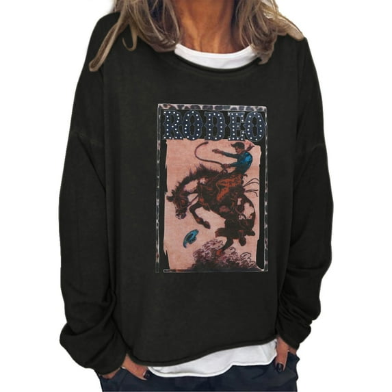 Anbech 80s Rodeo Sweatshirt for Women Retro Western Cowboy Long Sleeve Tee Shirts with Round Neck