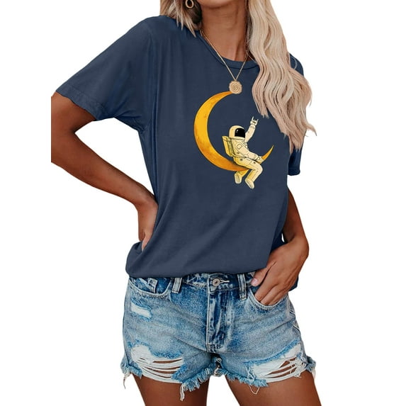 Anbech Astronaut Printed T-Shirt for Women Cute Moon Space Graphic Junior Girls Short Sleeve Tee Tops with Crew Neck