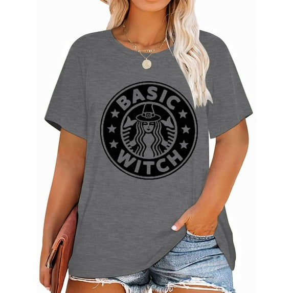 Anbech Basic Witch Plus Shirt for Women Graphic Halloween Themed Print Tees Short Sleeve Vintage Ladies Tops