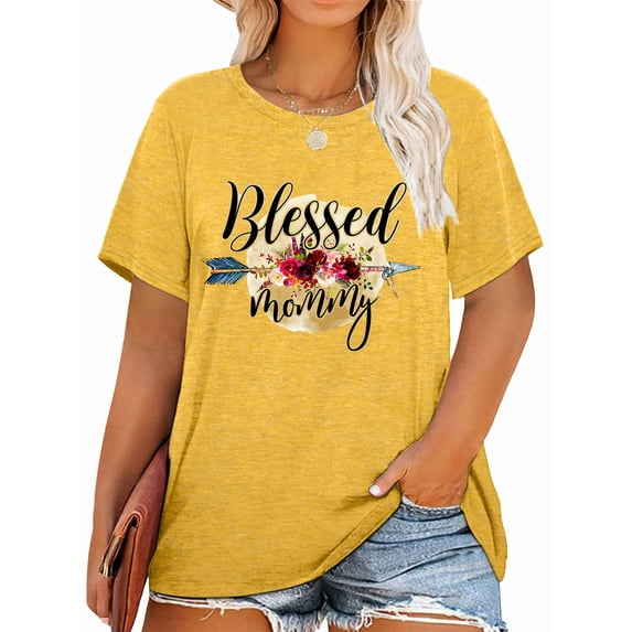 Anbech Blessed Mommy Plus Size T-Shirts for Women Mother's Day Graphic Roses Oversize Short Sleeves T-Shirt with Round Neck