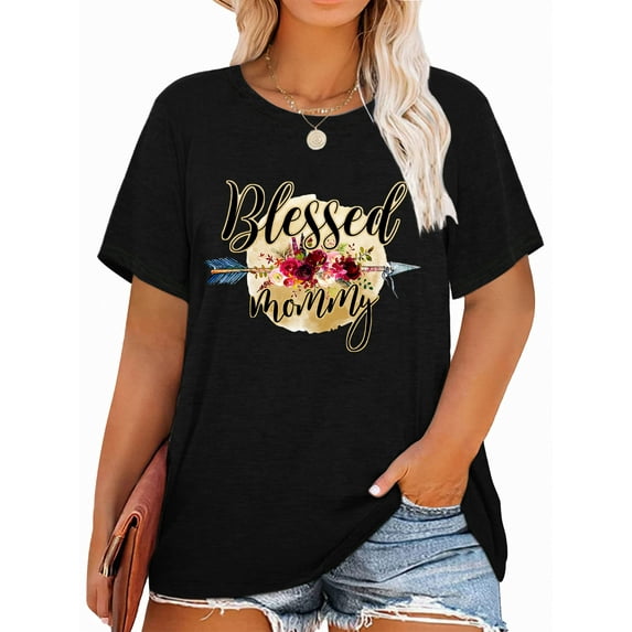 Anbech Blessed Mommy Plus Size T-Shirts for Women Mother's Day Graphic Roses Oversize Short Sleeves T-Shirt with Round Neck