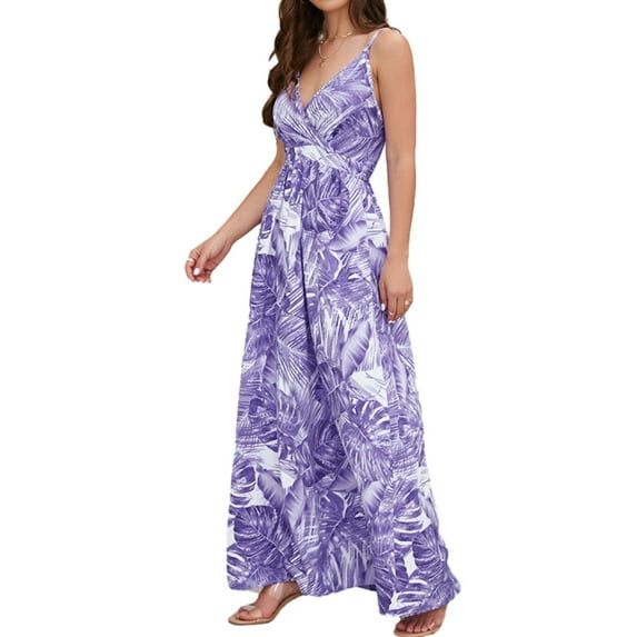 Anbech Boho Deep V-Neck Women Sling Dress Floral Printed High Waiste Beach Long Flowy Dresses