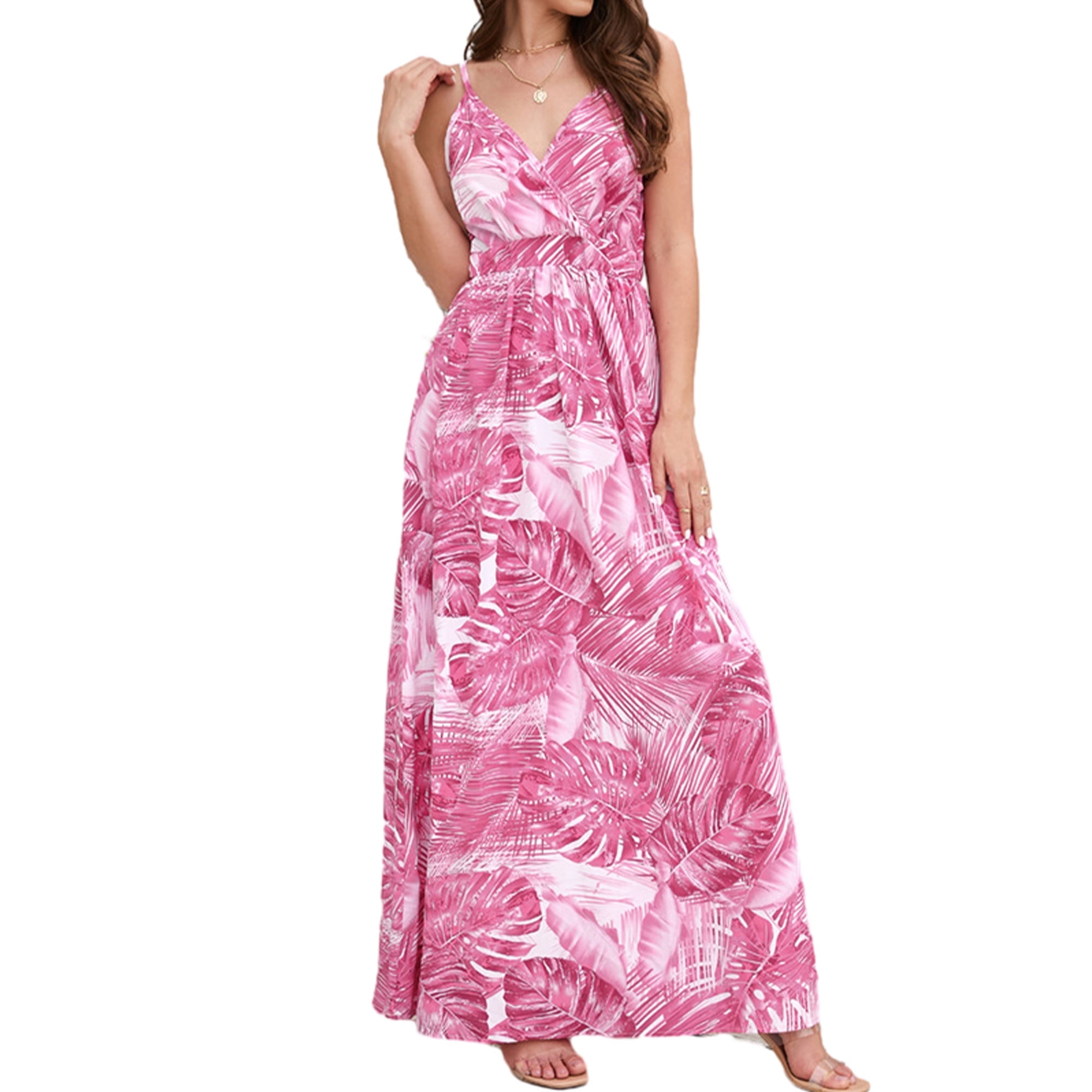 Women's Boho Maxi Dress With Pockets – V Neck Short Sleeve Smocked Waist Flowy Wedding Guest Dress