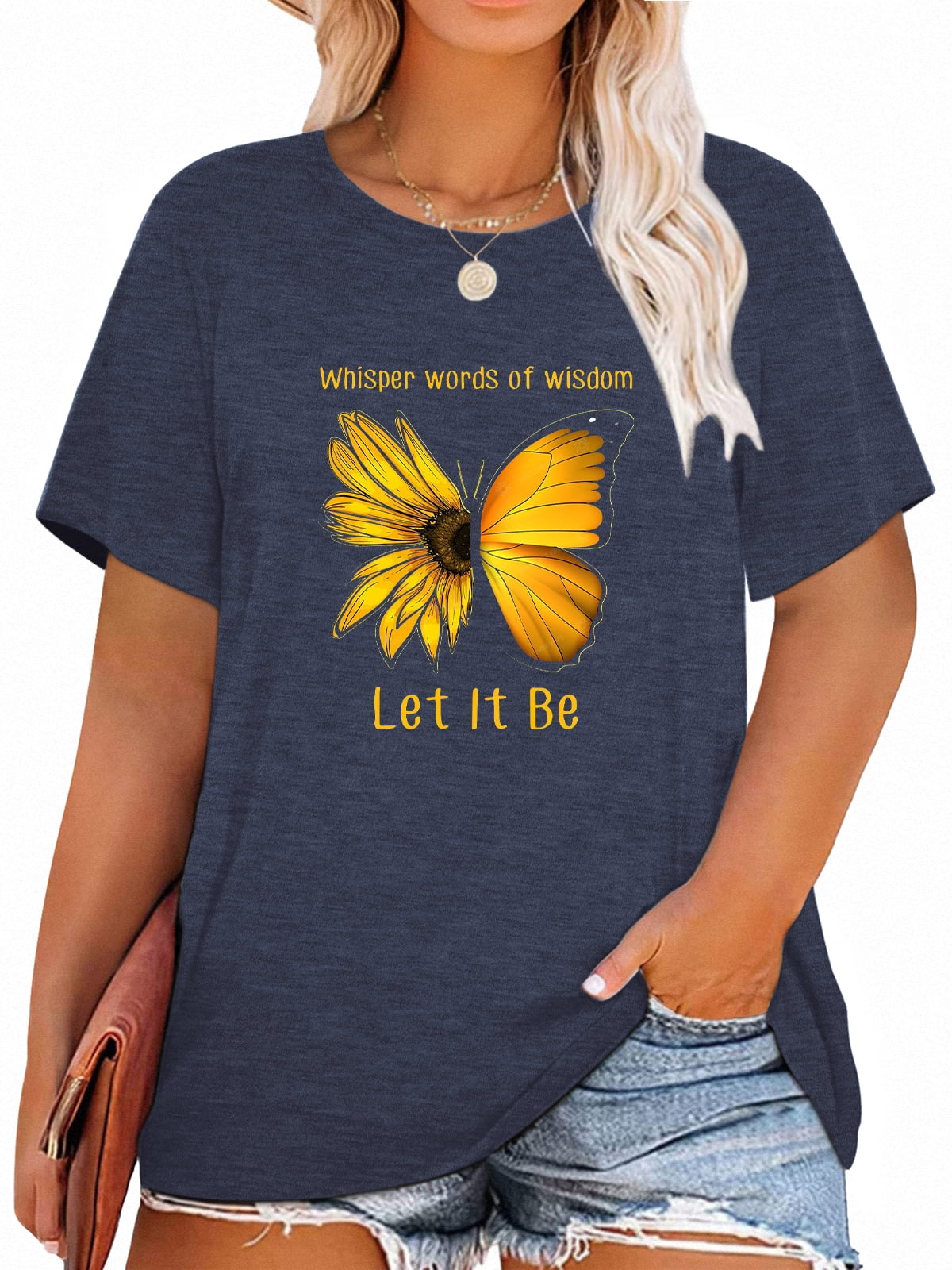 Anbech Butterfly Sunflower Plus Size T-Shirts for Women Graphic Let It ...