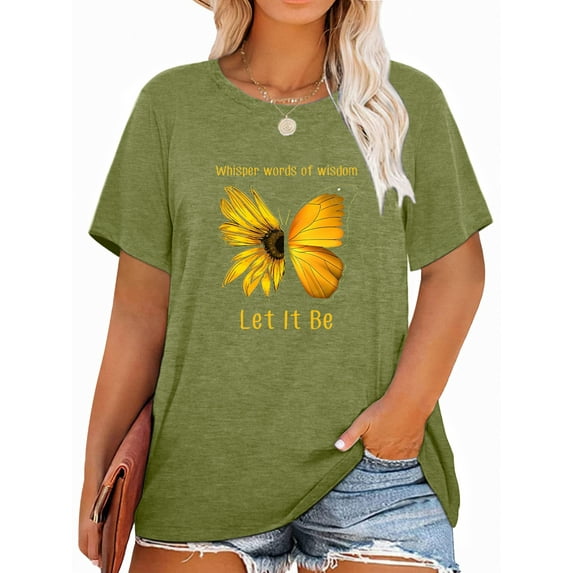 Anbech Butterfly Sunflower Plus Size T-Shirts for Women Graphic Let It Be Sunflower Print Oversize Short Sleeves T-Shirt with Round Neck