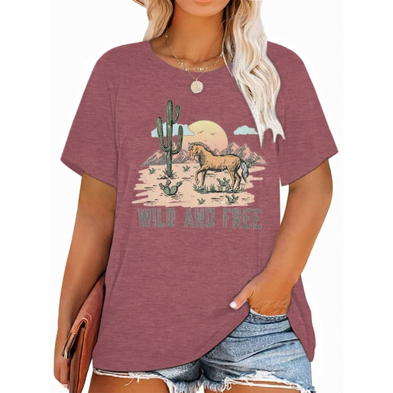 Anbech Cactus Plus Size T-Shirts for Women Graphic Cowboy Wild And Free Print Vintage Short Sleeves T-Shirt with Round Neck
