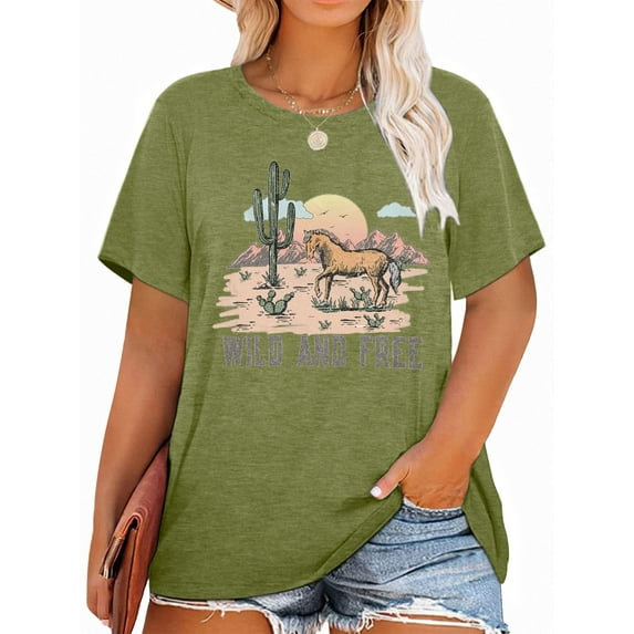 Anbech Cactus Plus Size T-Shirts for Women Graphic Cowboy Wild And Free Print Vintage Short Sleeves T-Shirt with Round Neck