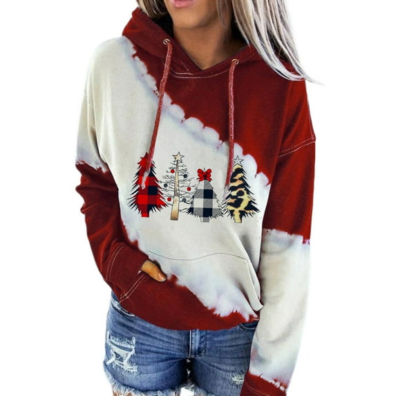 Anbech Cartoon Print Hoodie for Women Tie Dye Splicing Christmas Sweatshirts Pocket Long Sleeve Graphic Drawstring Top
