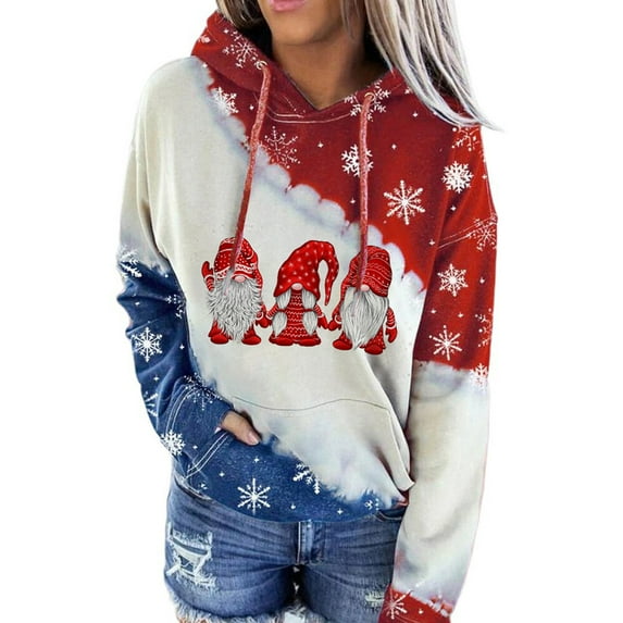 Anbech Cartoon Print Hoodie for Women Tie Dye Splicing Christmas Sweatshirts Pocket Long Sleeve Graphic Drawstring Top