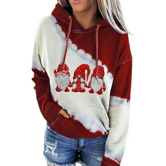 Anbech Cartoon Print Hoodie for Women Tie Dye Splicing Christmas Sweatshirts Pocket Long Sleeve Graphic Drawstring Top