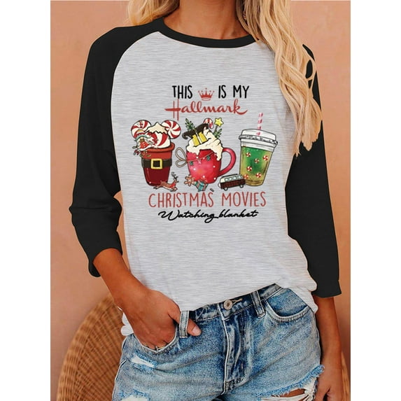 Anbech Christmas 3/4 Sleeve T Shirts for Women Shirt Merry Christmas Tees Funny Christmas Snowflake Graphic Shirts Baseball Tee Tops