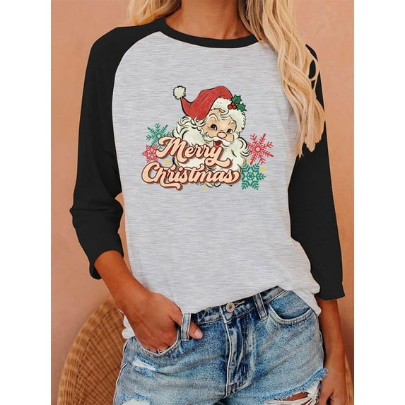 Anbech Christmas 3/4 Sleeve T Shirts for Women Shirt Merry Christmas Tees Funny Christmas Snowflake Graphic Shirts Baseball Tee Tops