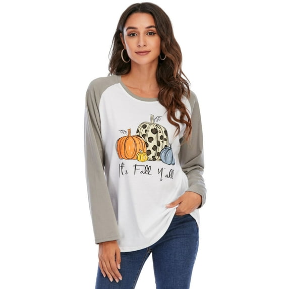 Anbech Christmas It's Fall Y'all Shirt Women Pumpkin Print Fabric Shirt Long Sleeve Round Neck tops