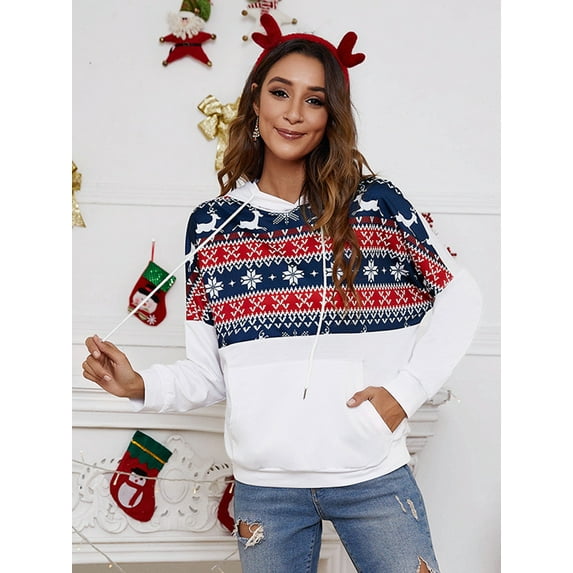 Anbech Color Contrast Womens Hoodie Tops Graphic Christmas Stitching Sweatshirt Long Sleeve Drawstring Hooded