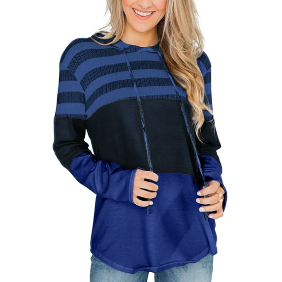 Anbech Color Contrast Womens Hoodie Tops Stitching Causal Sweatshirt Long Sleeve Drawstring Hooded