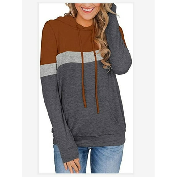 Anbech Color Contrast Womens Hoodie Tops Stitching Causal Sweatshirt Long Sleeve Drawstring Hooded