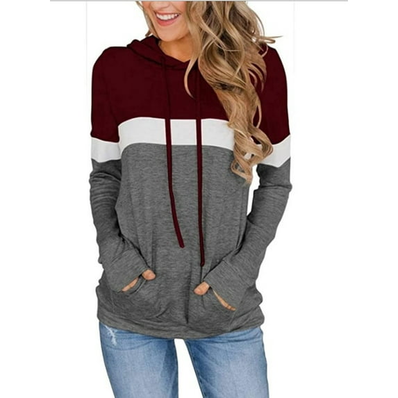 Anbech Color Contrast Womens Hoodie Tops Stitching Causal Sweatshirt Long Sleeve Drawstring Hooded