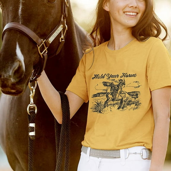 XCHQRTI Cowgirl Shirt Women Graphic Tees Hold Your Horse Short Sleeve Tee