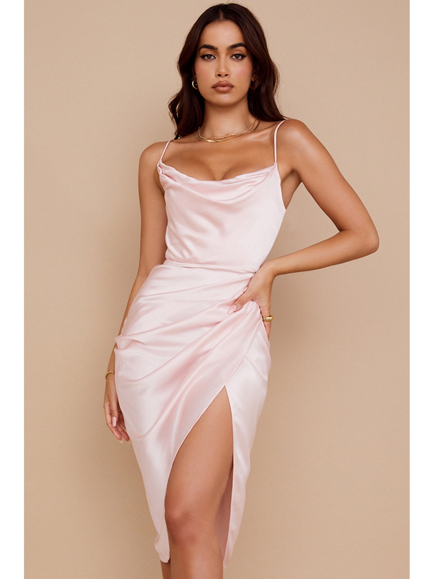 open lace back dress Ella Cowl Neck Satin Dress