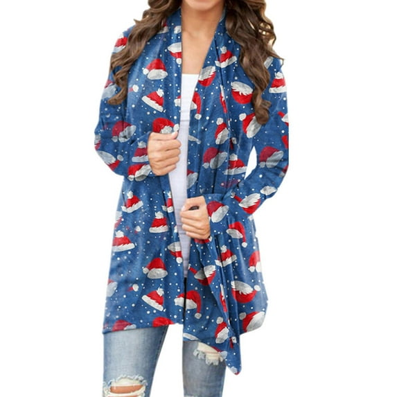 Anbech Cute Cartoon Printing Cardigan Flowy Hem Christmas Shirt Graphic Shirts Long Sleeve Open-Front Cardigan