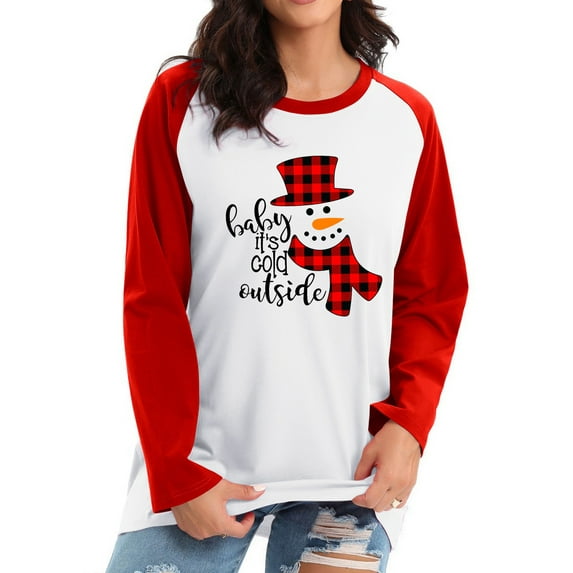 Anbech Cute Christmas Sweatshirt Women's Long Sleeve Raglan Pullover Graphic Letter Xmas Color Stitching Tee Shirts