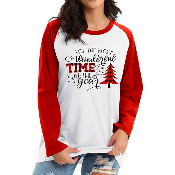 Anbech Cute Christmas Sweatshirt Women's Long Sleeve Raglan Pullover Graphic Letter Xmas Color Stitching Tee Shirts