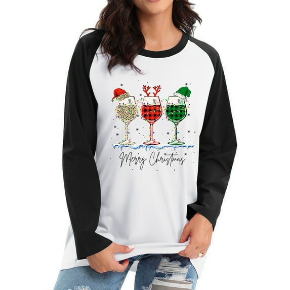Anbech Cute Christmas Sweatshirt Women's Long Sleeve Raglan Pullover Graphic Letter Xmas Color Stitching Tee Shirts