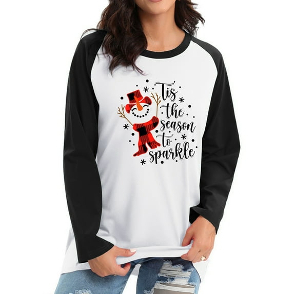 Anbech Cute Christmas Sweatshirt Women's Long Sleeve Raglan Pullover Graphic Letter Xmas Color Stitching Tee Shirts
