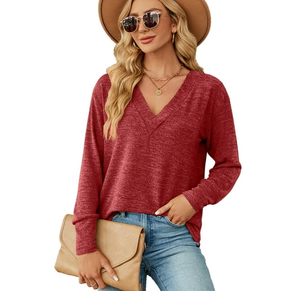 Anbech Deep V Neck Blouse for Women's Soft Long Sleeve Button Shirts Comfty Loose Fit Casual Sexy Tops