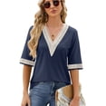 thumbnail image 1 of Anbech Deep V Neck Women Blouse Guipure Lace Shirt Solid Color Splice Trendy Short Sleeve Casual Tops, 1 of 9