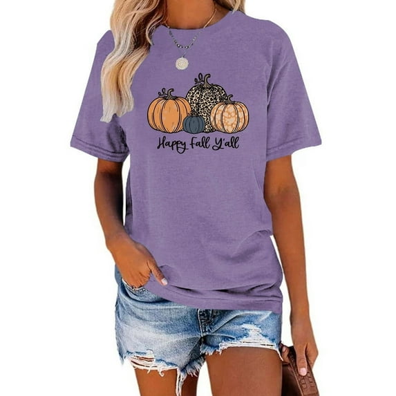 XCHQRTI Fall Y'all Shirt for Women Vintage Halloween Tshirt Graphic Shirts Funny Retro Short Sleeve Tops