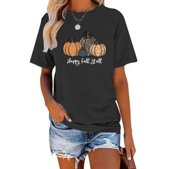 XCHQRTI Fall Y'all Shirt for Women Vintage Halloween Tshirt Graphic Shirts Funny Retro Short Sleeve Tops