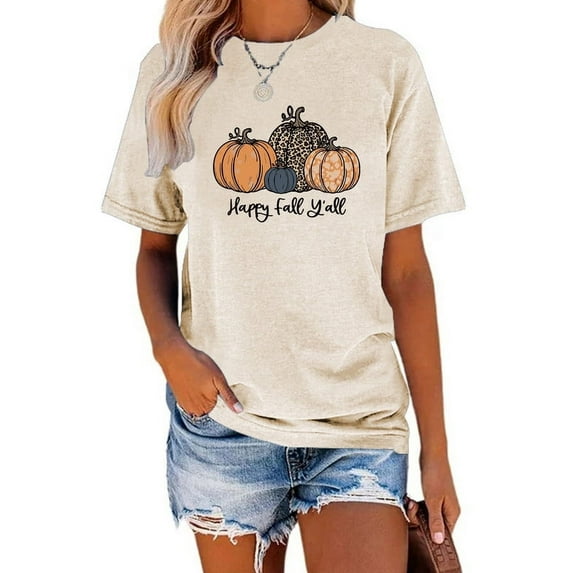 XCHQRTI Fall Y'all Shirt for Women Vintage Halloween Tshirt Graphic Shirts Funny Retro Short Sleeve Tops