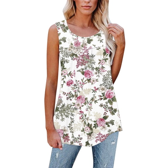 XCHQRTI Women Henley Sleeveless Shirt Flower Printed Hide Belly Blouses Tank Tops