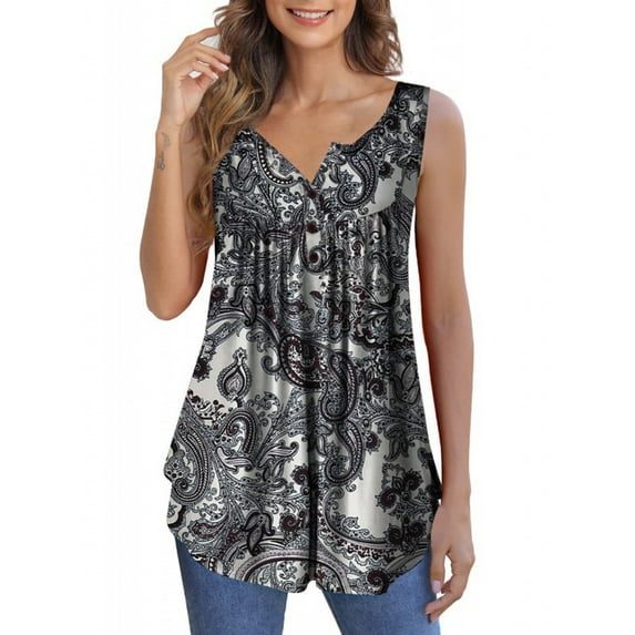 XCHQRTI Flower Hide Belly Blouses for Women Henley Sleeveless Shirt Summer Basic Flowy Tunic Tank Top