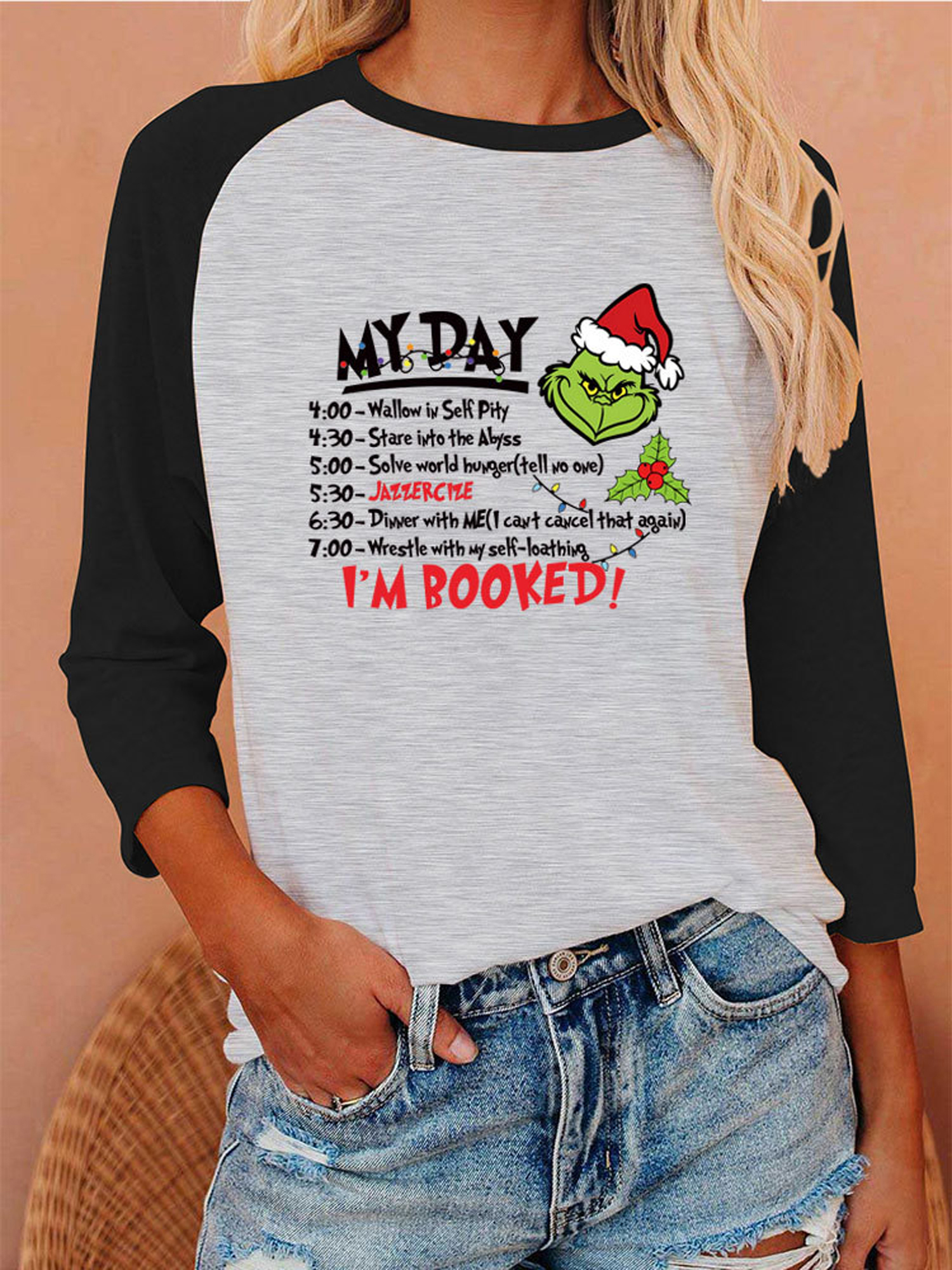 Anbech Grinch Shirt Women Classic Sly Tee Christmas Graphic 3/4 Long