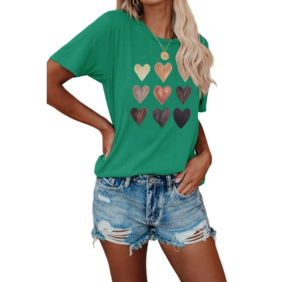 Anbech Heart Printed T-Shirt for Women Casual Colorful Graphic Hearts Tees Junior Girls Short Sleeve Tee Tops with Crew Neck