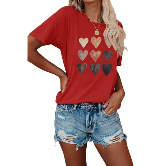 Anbech Heart Printed T-Shirt for Women Casual Colorful Graphic Hearts Tees Junior Girls Short Sleeve Tee Tops with Crew Neck