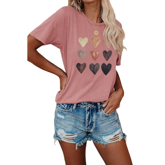 Anbech Heart Printed T-Shirt for Women Casual Colorful Graphic Hearts Tees Junior Girls Short Sleeve Tee Tops with Crew Neck