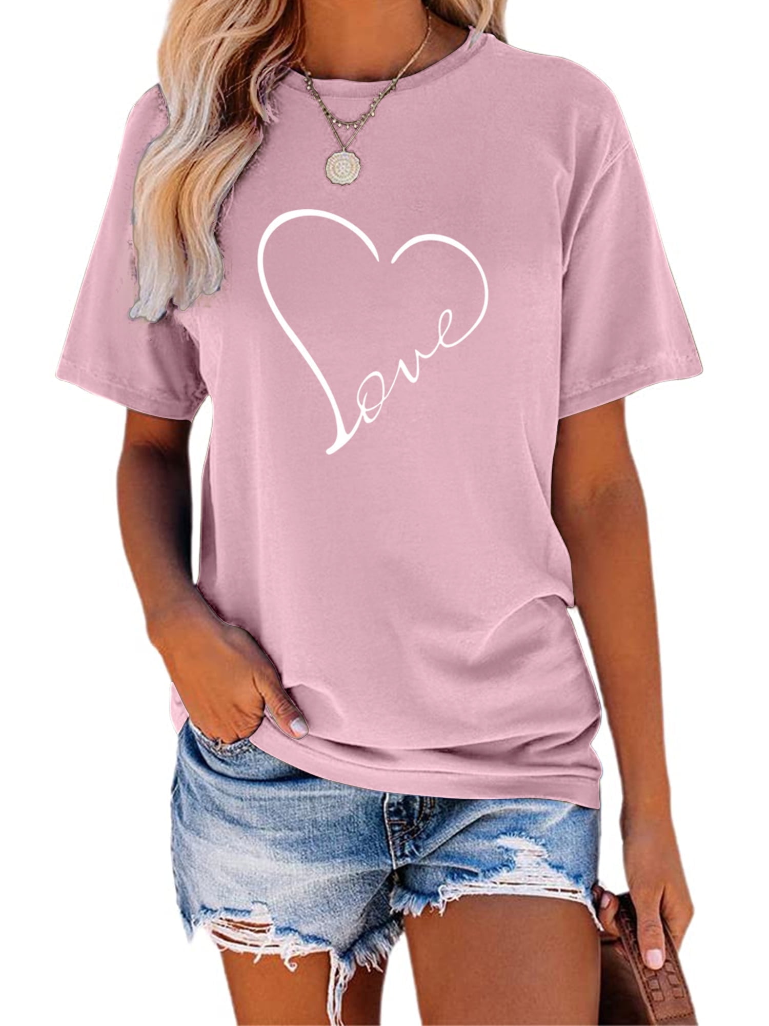 Women's Heart Print Short Sleeve T-Shirt Graphic Tees Women Tops main image 1