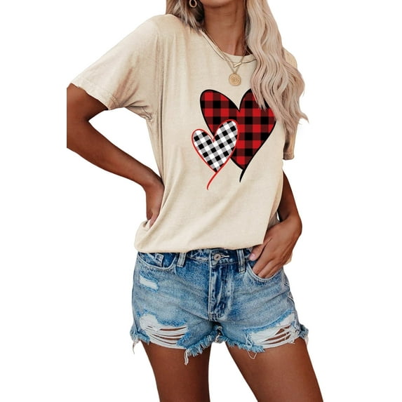 Anbech Heart Printed T-Shirt for Women Casual Graphic Junior Girls Short Sleeve Tee Tops with Crew Neck