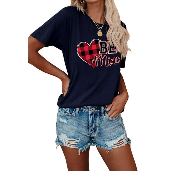 Anbech Heart Printed T-Shirt for Women Casual Plaid Graphic Be Mine Junior Girls Short Sleeve Tee Tops with Crew Neck